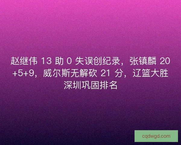 赵继伟 13 助 0 失误创纪录，张镇麟 20+5+9，威尔斯无解砍 21 分，辽篮大胜深圳巩固排名